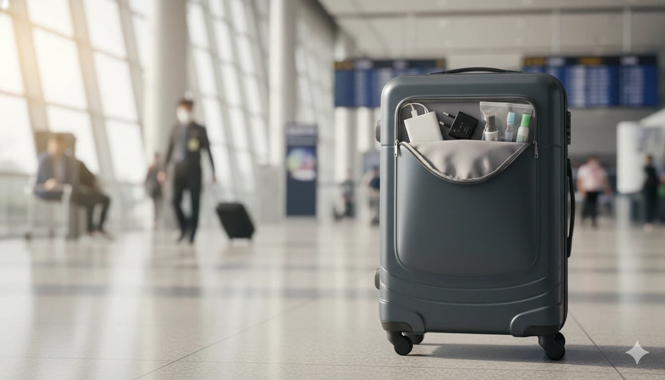 Carry-on bag with power bank, adapter, and travel toiletriesCarry On Essentials