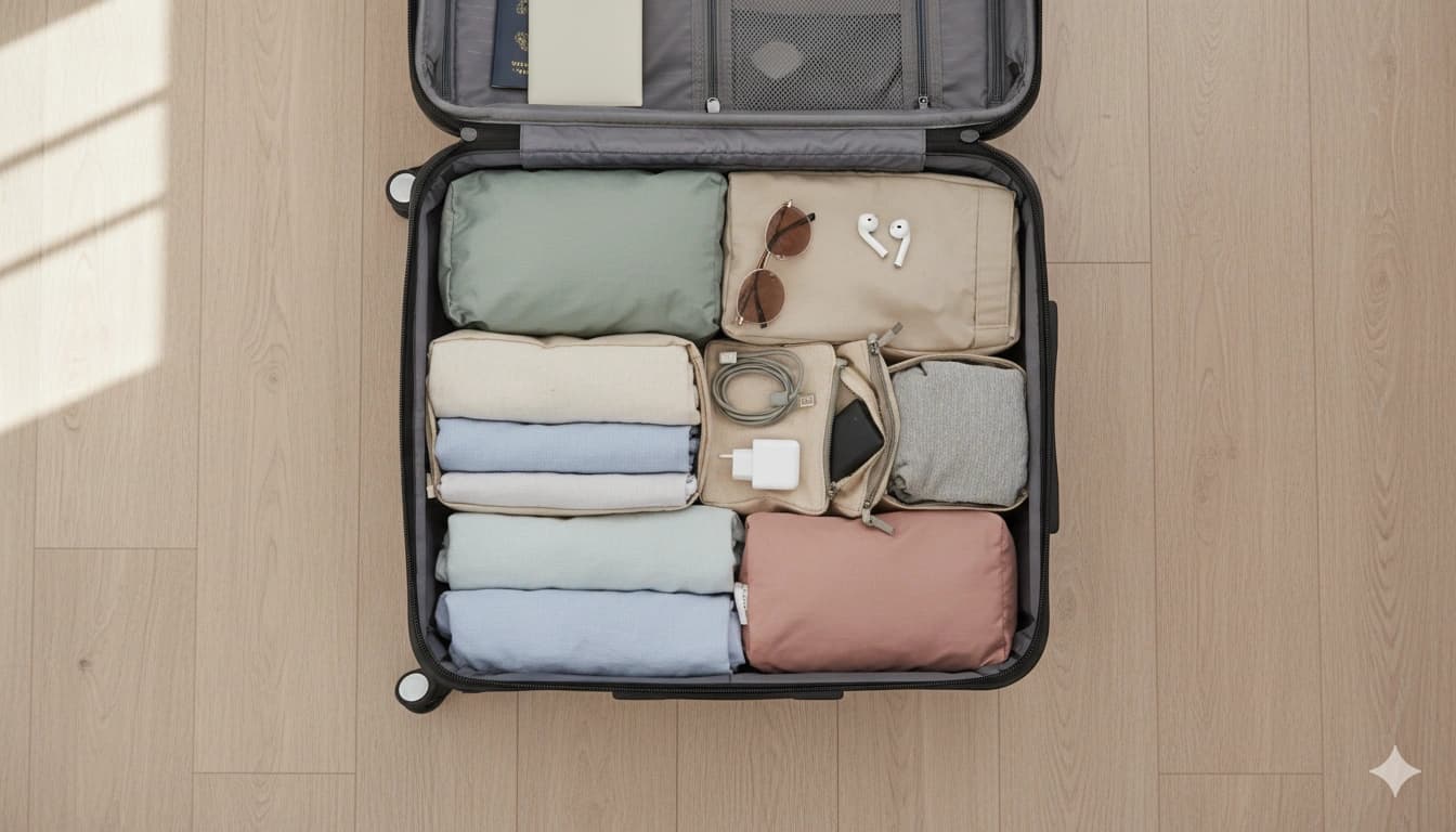 Open carry-on suitcase with neatly organised travel essentialsPacking List