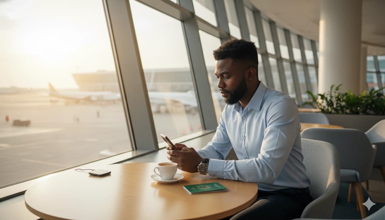 Nigerian traveller reviewing travel insurance options on a phoneTravel Insurance